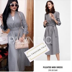 Zara Woman Elegant Flowing Pleated Maxi Dress Gray Long Sleeve Belted M